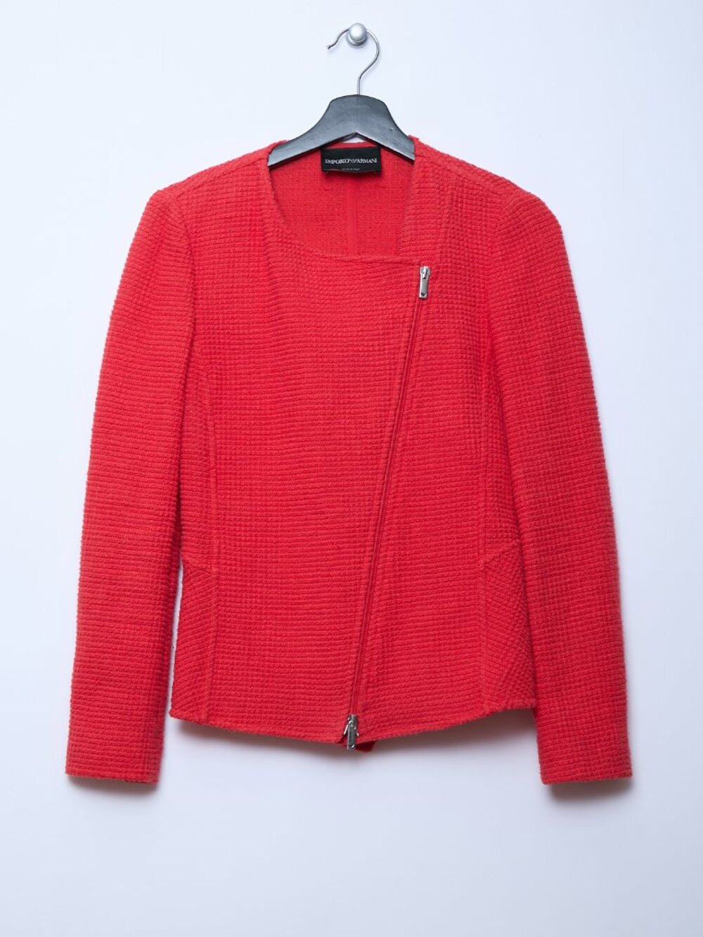 Emporio Armani Textured Red Moto Asymmetric Zip Jacket 42 Large quiet luxury